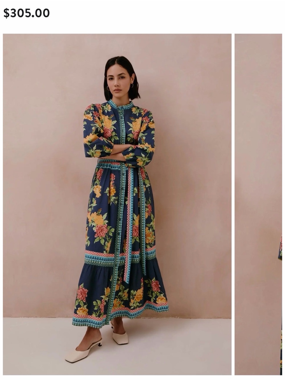 Navy Floral Long-Sleeve Maxi Dress with Waist Tie